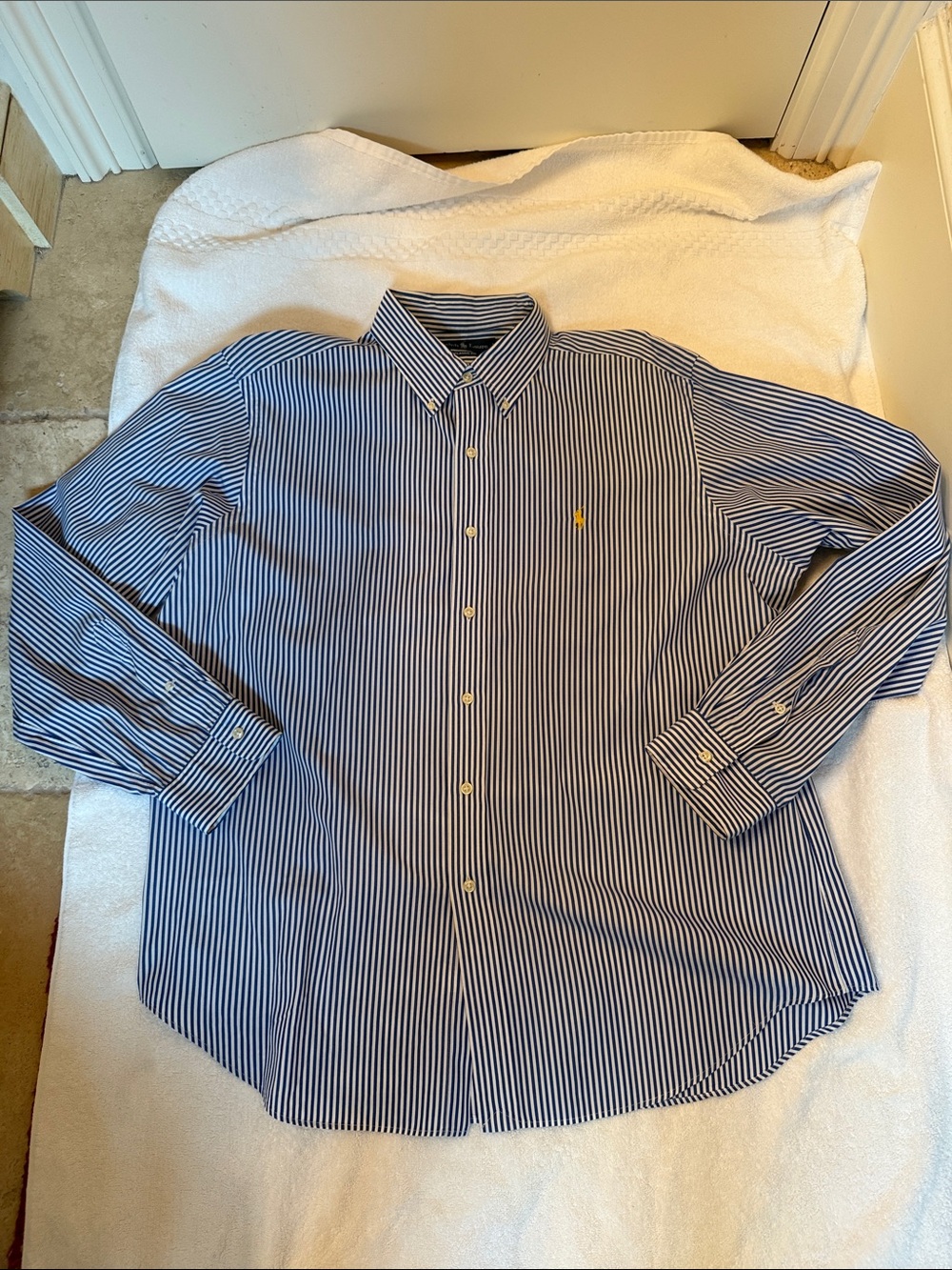 Ralph Lauren Men's Blue and White Striped Button-Down Dress Shirt
